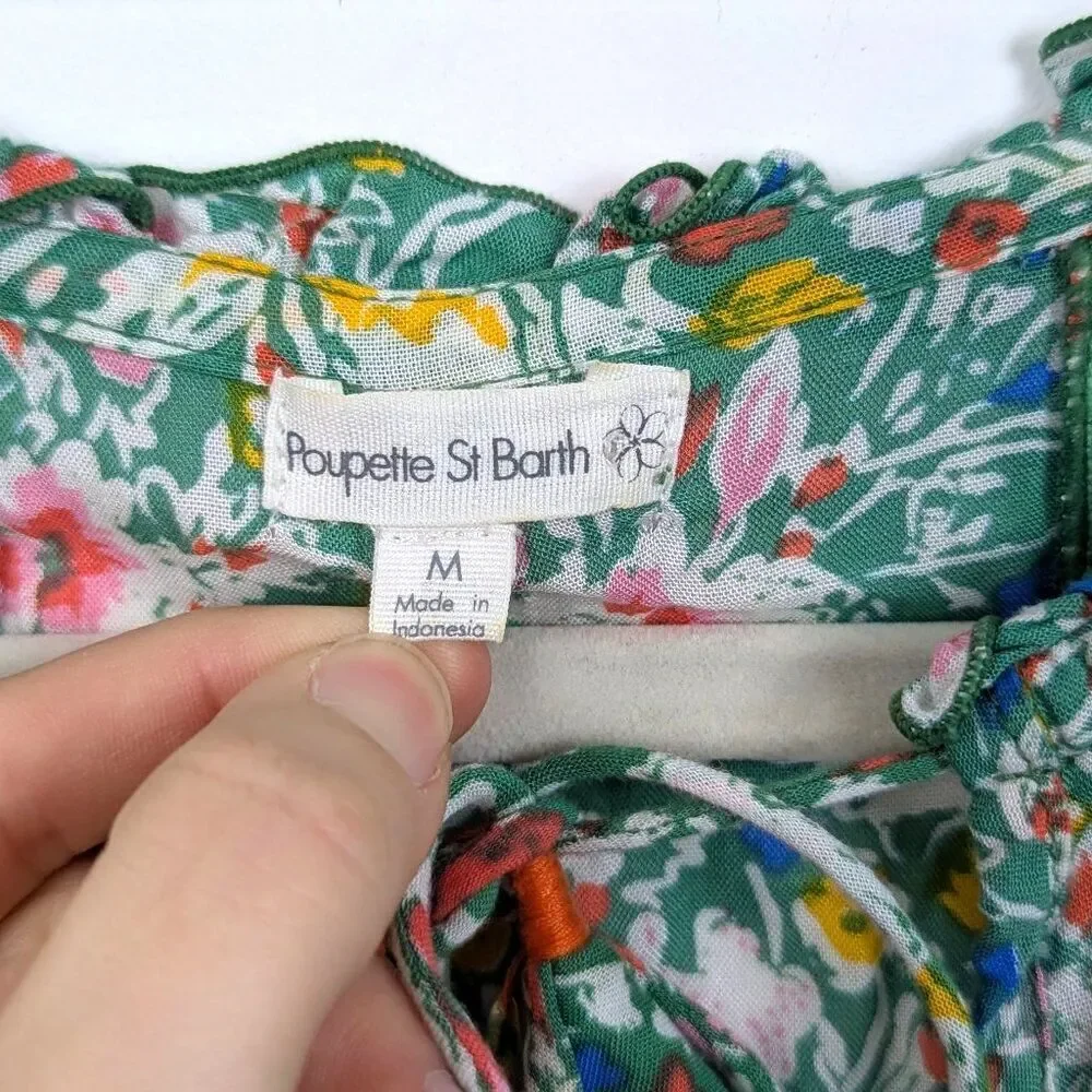 Poupette St Barth | Green Floral Sleeveless Keyhole Mini Dress Tassel Size Mediu